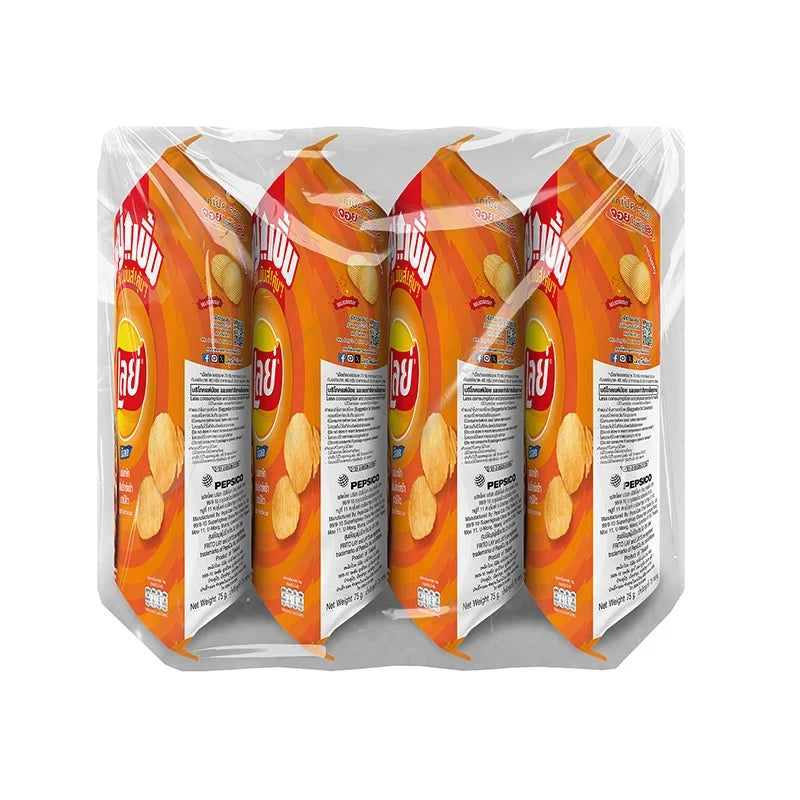 Lay's Rock BBQ Potato Chips 75g pack, crispy snack with smoky barbecue flavor, shown in a four-pack bundle.