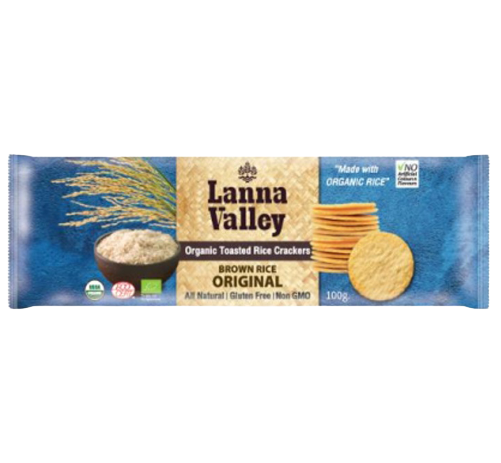 Lanna Valley Organic Rice Crackers Original, natural confectionery snack with crispy rice crackers on a white background
