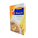 Hahne Fruit Muesli 375g box with mixed dried fruits and oats, displayed in a clear bowl for breakfast or healthy snack.