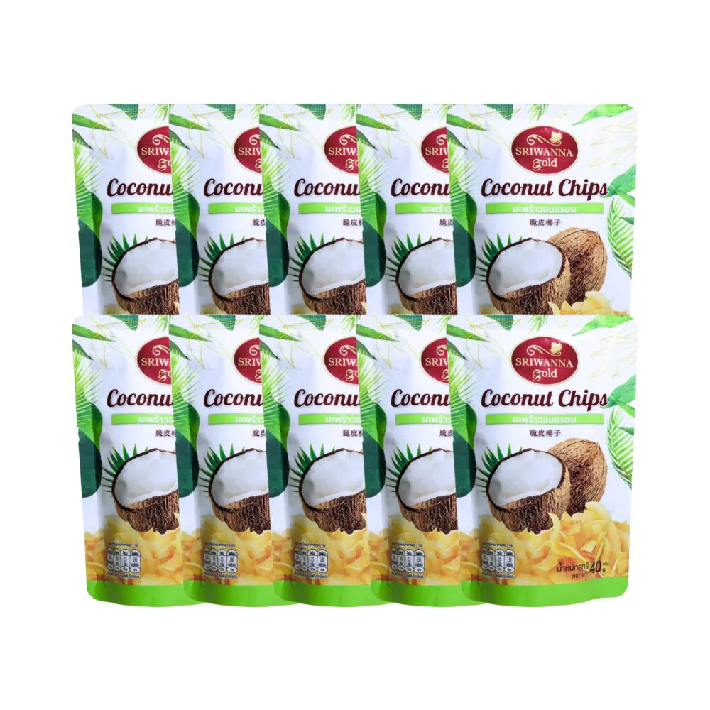 Sriwanna Gold Coconut Chips in a 40g package, featuring crispy, toasted coconut slices from the dry grocery product line.