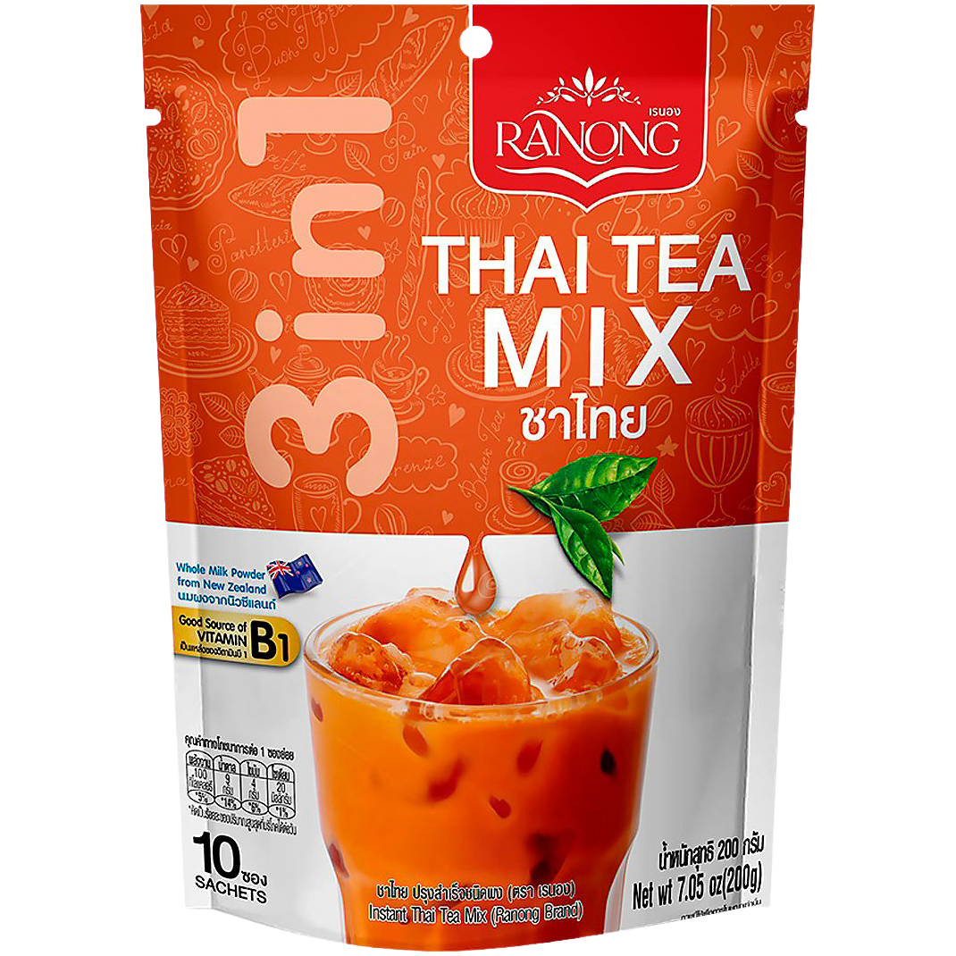 Ranong Tea Thai Tea Mix 3-in-1 drink packet showing the colorful packaging with Thai tea powder and ingredients inside.