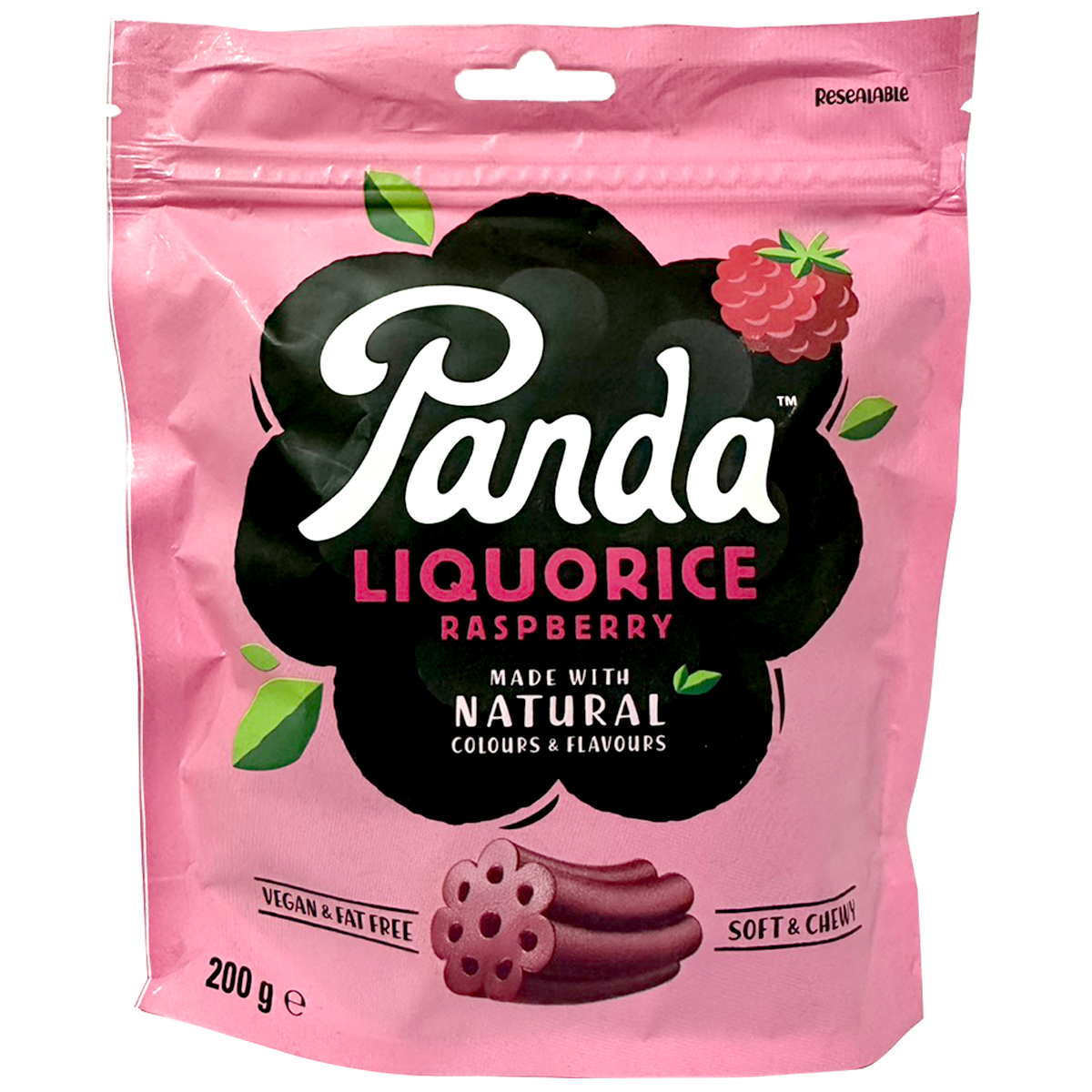 Panda Liquorice Raspberry confectionery snacks featuring black liquorice with raspberry flavor and colorful packaging.