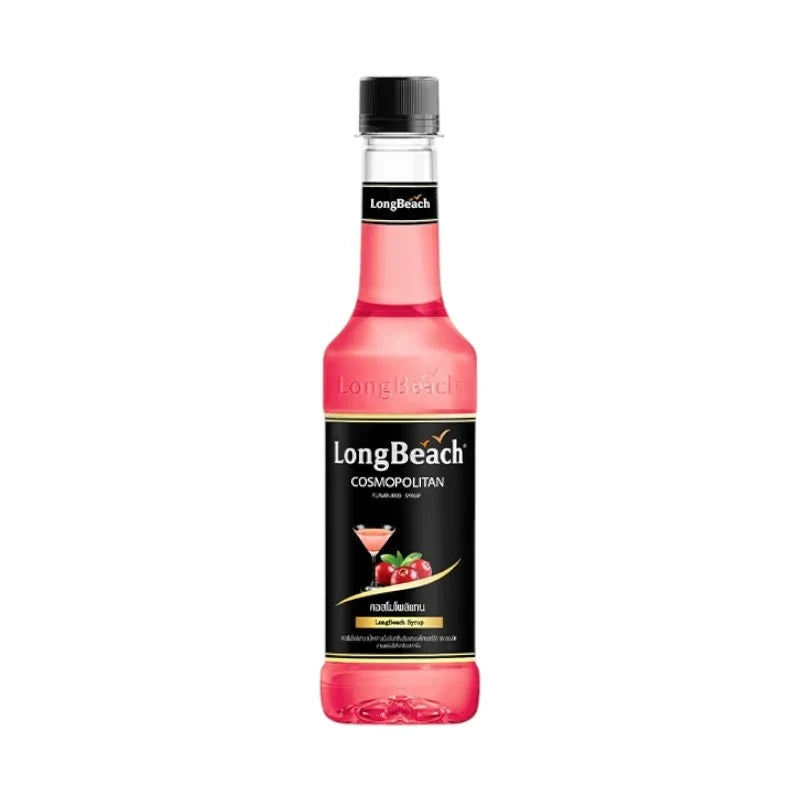 LongBeach Cosmopolitan Syrup 320ml bottle, a dry grocery product with a sleek label, ideal for cocktails and beverages.