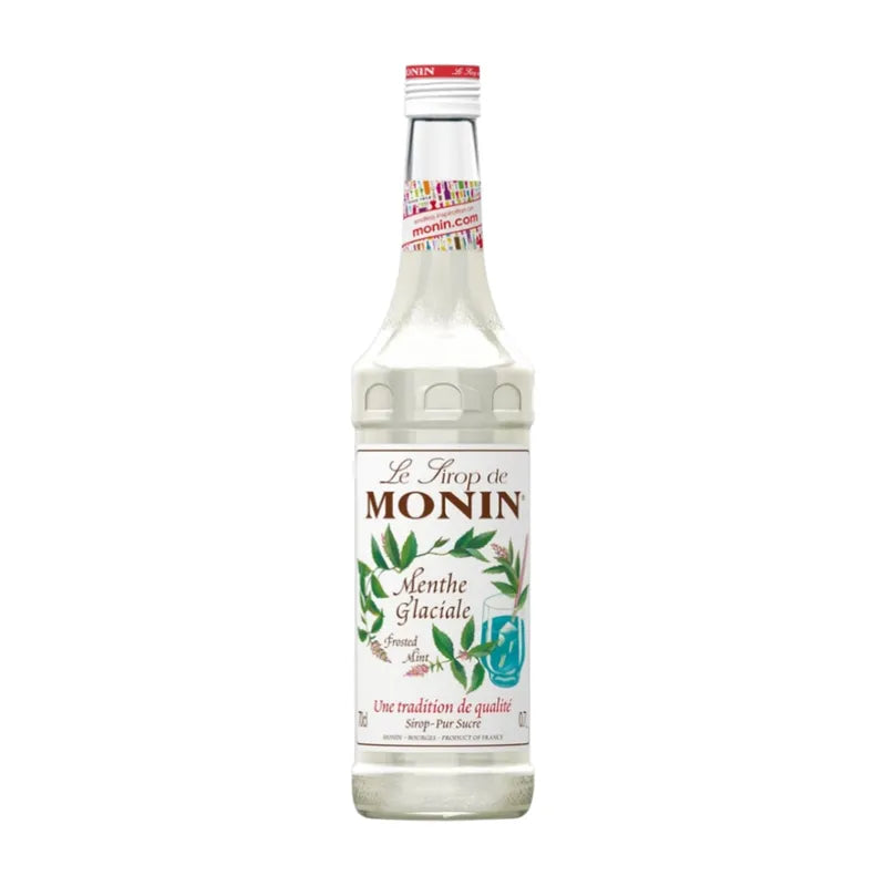 Monin Frosted Mint Syrup 700ml bottle, clear plastic container with green mint-flavored syrup for beverages and desserts.
