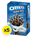OREO Vanilla Wafer Roll snack, 54g x 5 packs, dry grocery confectionery with crispy vanilla-flavored wafer rolls.