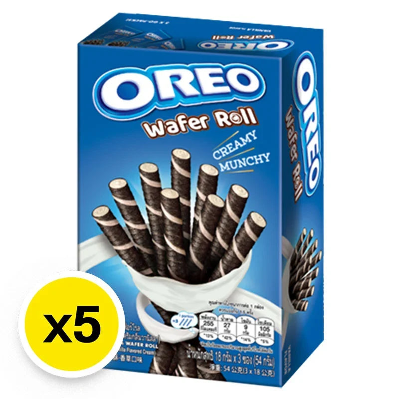 OREO Vanilla Wafer Roll snack, 54g x 5 packs, dry grocery confectionery with crispy vanilla-flavored wafer rolls.