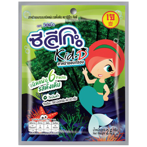 Seleco seaweed snack, crispy confectionery snack with seaweed flavor, shown in a colorful package.