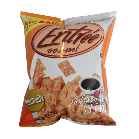 Entree Crispy Pork Chilli Paste flavor confectionery snack in bright packaging with crispy chips visible.