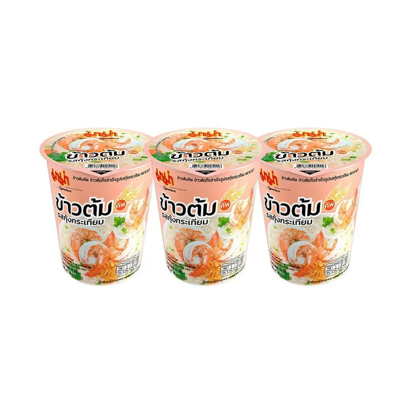 Mama Rice Porridge Cup with garlic shrimp flavor, dry grocery product in a convenient single-serving cup.