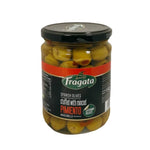 Fragata stuffed Manzanilla olives in a jar, showcasing plump green olives filled with stuffing, ideal for dry grocery use.