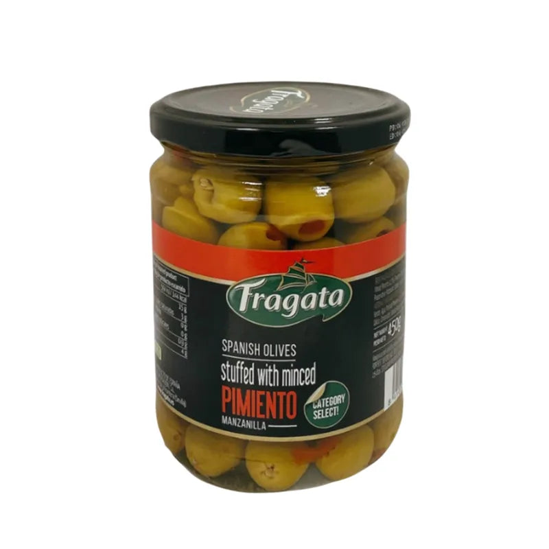 Fragata stuffed Manzanilla olives in a jar, showcasing plump green olives filled with stuffing, ideal for dry grocery use.