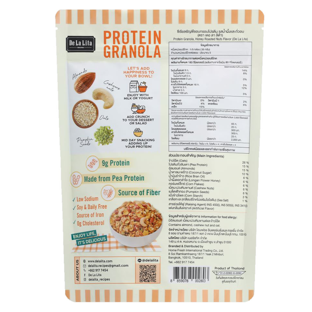 Delalita Protein Granola Honeynuts in a bowl, showing golden granola with honey and nut pieces, ready to enjoy as a healthy snack.