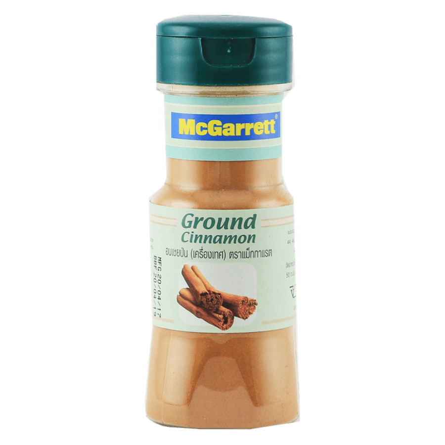 Ground cinnamon spice jar from McGarrett, showing the label and cinnamon powder inside.