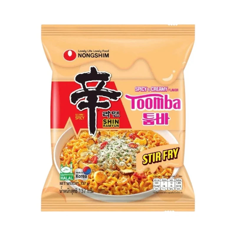 Nongshim Toomba Shin Ramyun stir fry dry grocery package with spicy noodle stir-fry dish and vibrant packaging.