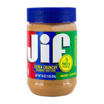 JIF Crunchy Peanut Butter jar, 454g, showing the label and textured peanut butter inside on a white background.