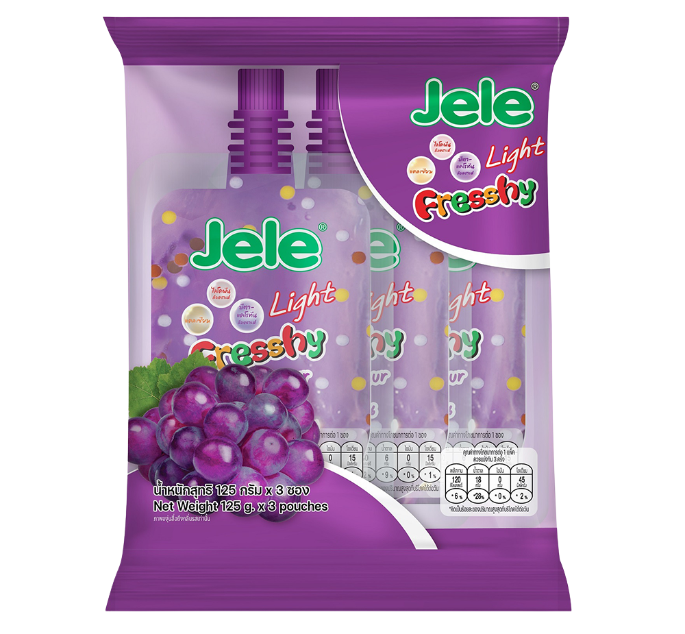 Jele Light Fresshy Grape Flavour confectionery snack in colorful packaging featuring purple grapes and vibrant design.