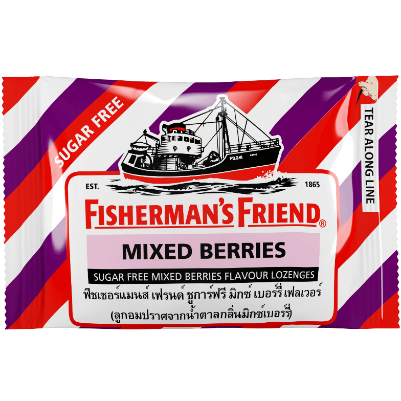 Fisherman's Friend Mixed Berry confectionery snacks in a clear package with colorful berry illustrations.