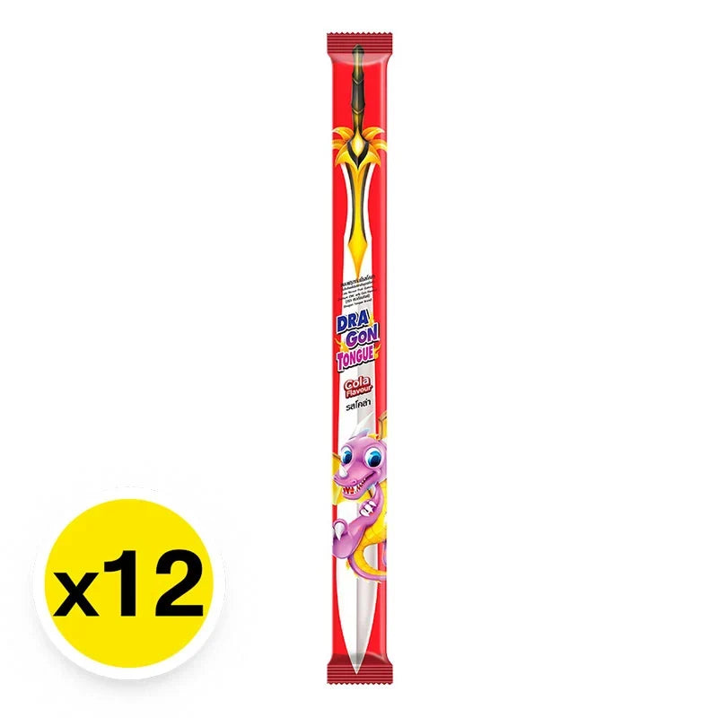 Dragon Tongue Cola 20g snack pack by DRAGON TONGUE, featuring colorful, crunchy cola-flavored candies in a multi-pack.