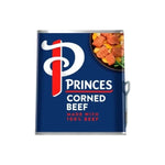 Cans of Princes Corned Beef made with 100% ingredients, 340g each, stacked in a box for dry grocery shopping.