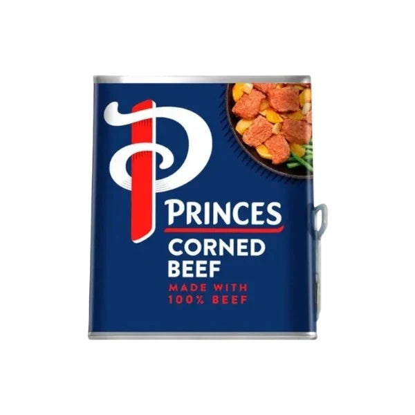 Cans of Princes Corned Beef made with 100% ingredients, 340g each, stacked in a box for dry grocery shopping.