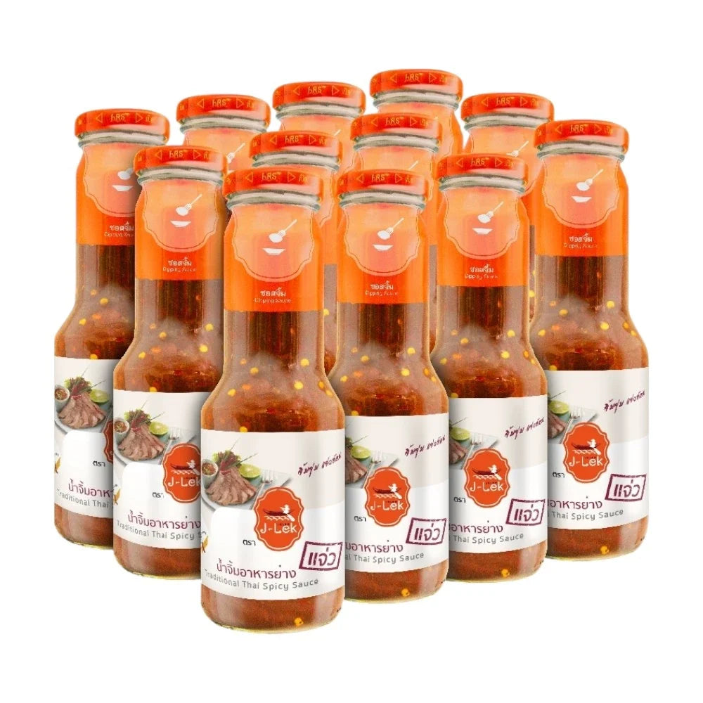 J-lek Jae Lek grilled food dipping sauce in glass bottle, ideal for dry grocery and Asian cuisine.