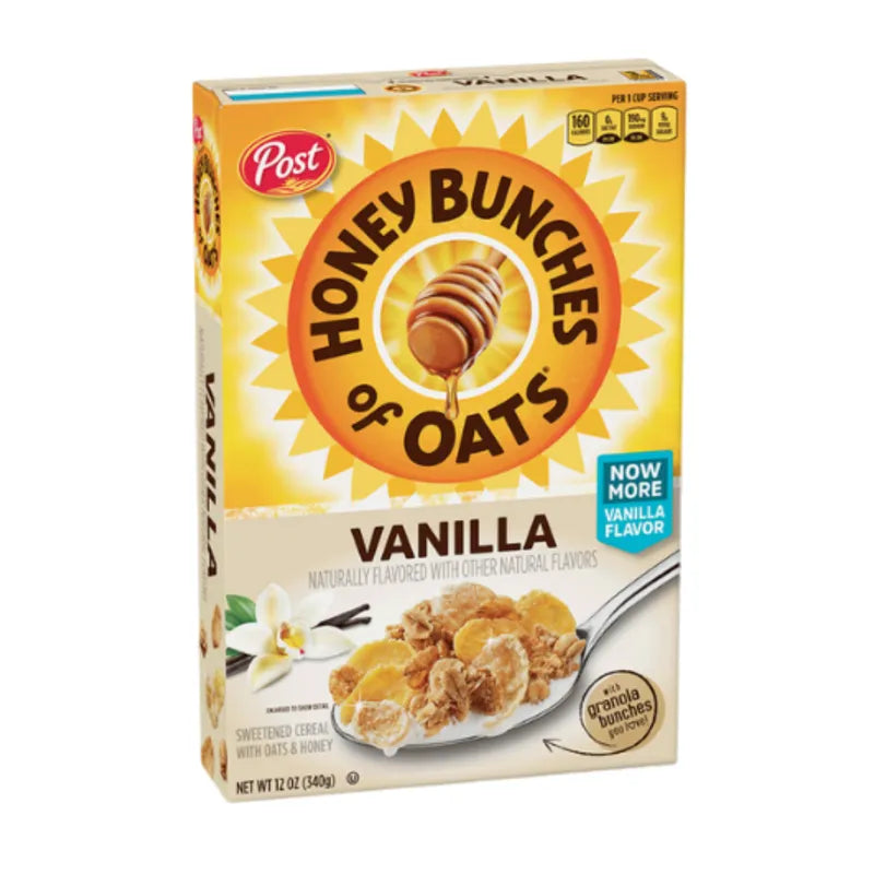Post Honey Bunches of Oats Vanilla cereal box, 340g, dry grocery product with cereal flakes and honey vanilla flavor.