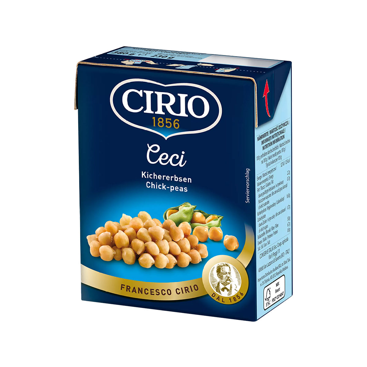 Cirio Ceci Chic Peas in a can, showing the label and contents of cooked chickpeas, for use in salads and recipes.
