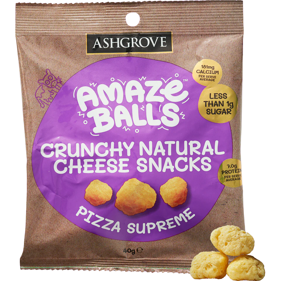 Amazeballs Pizza Supreme confectionery snack with colorful pizza-inspired candies and fruit flavors in a vibrant package.