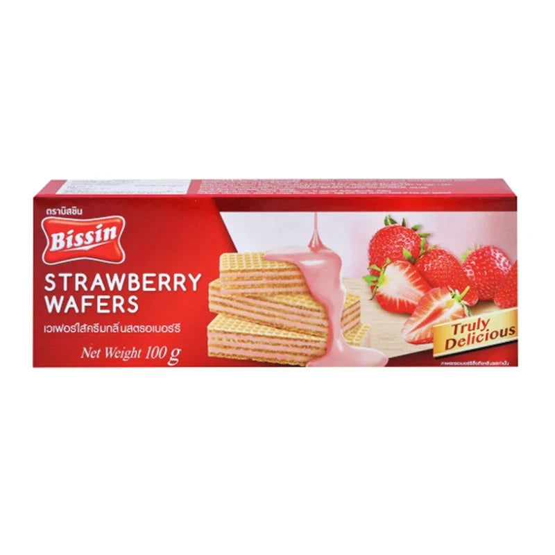BISSIN Strawberry Wafers 100g, dry grocery snack with layered crispy wafers and strawberry flavor in a sealed package.