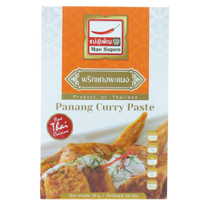 Mae Supen Panang Curry Paste in a jar, Thai-style grocery product with red and yellow label, ready for cooking flavorful curry