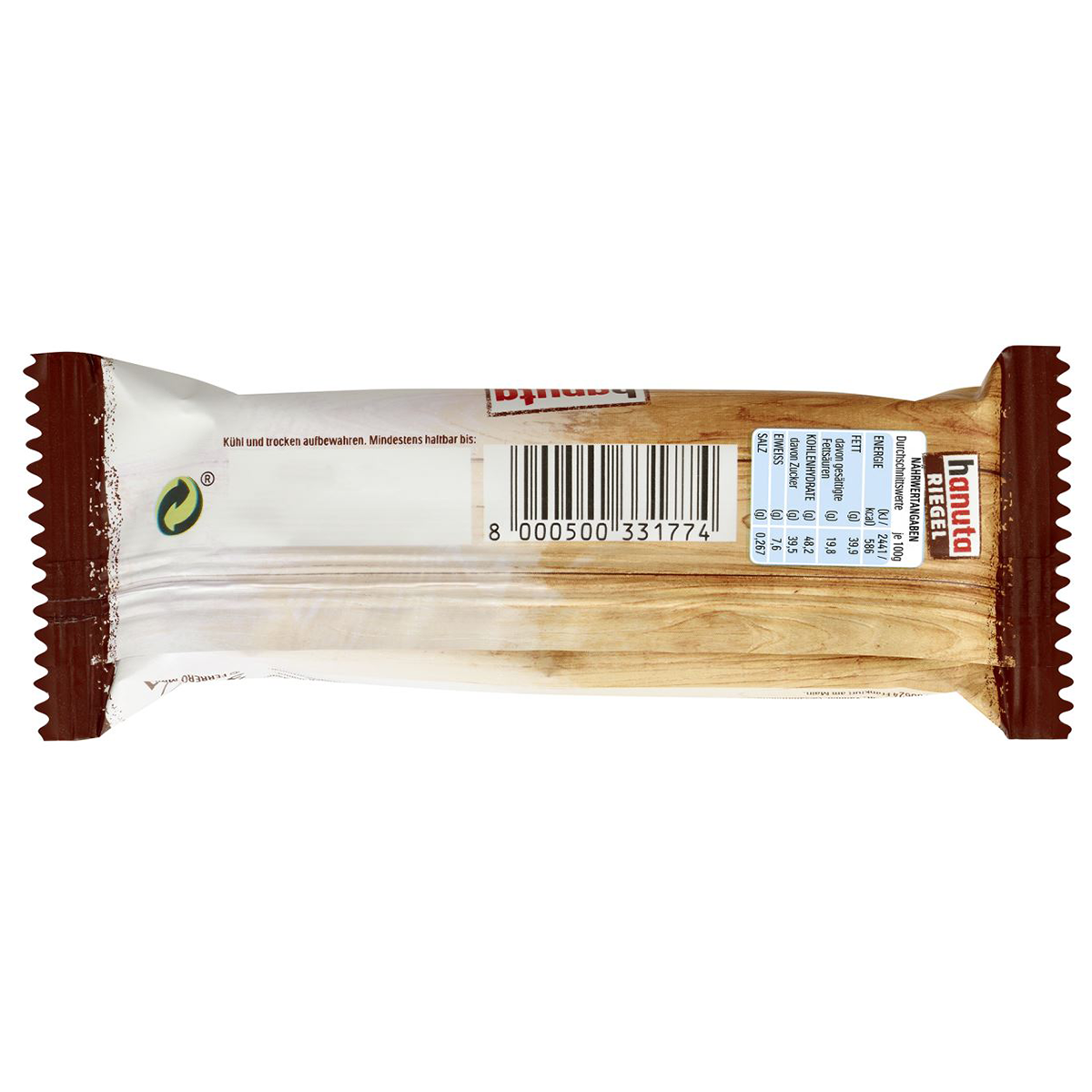 Hanuta Ferrero Riegel confectionery snack, featuring a chocolate-covered wafer with creamy hazelnut filling, shown in the image.