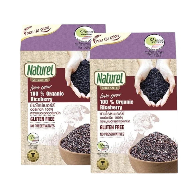 Naturel Organic Riceberry rice in 1kg boxes, natural dry grocery product, showcasing two boxes of healthy, organic rice.