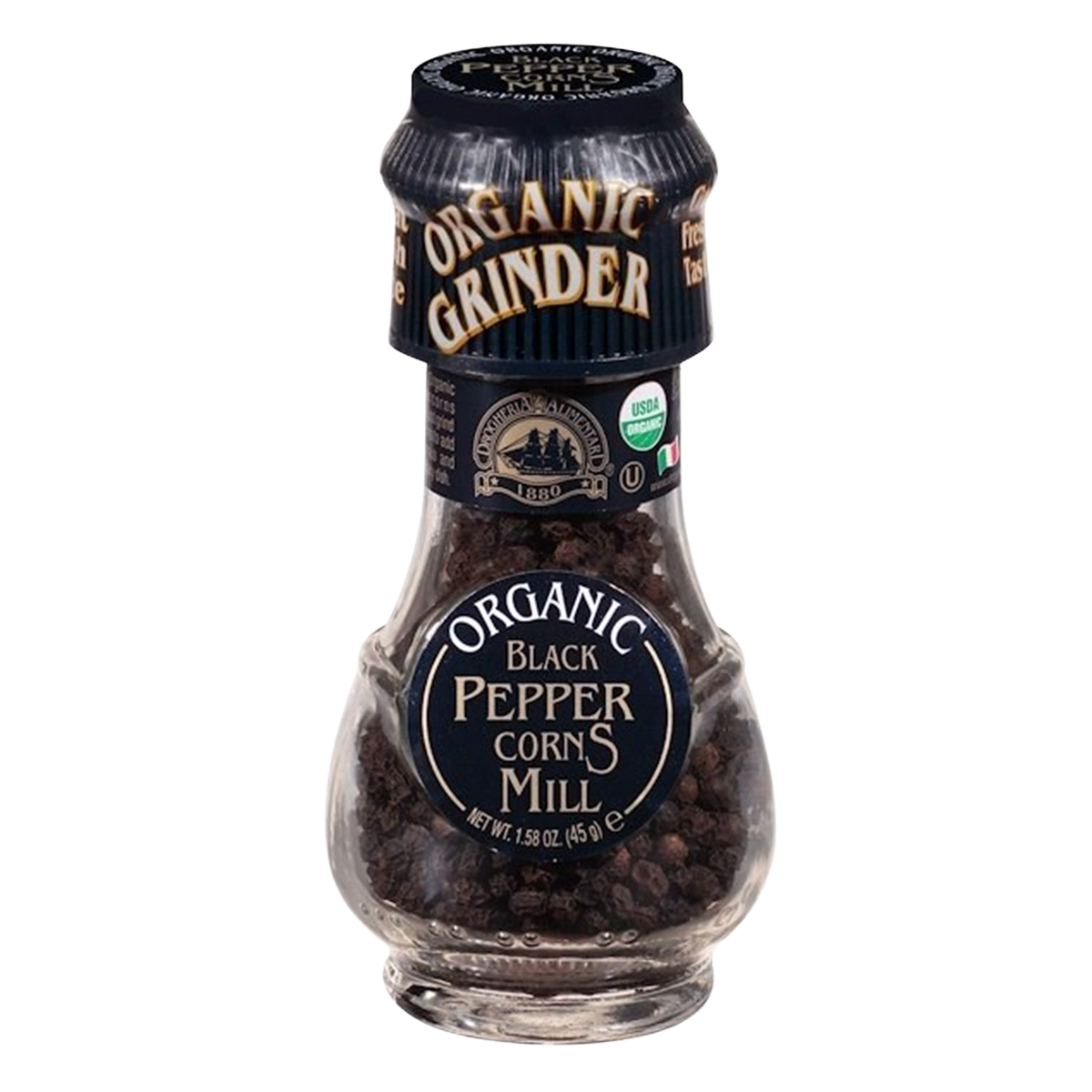 Drogheria black pepper mill with corn design, used for grinding fresh black pepper in the kitchen or at the dining table.