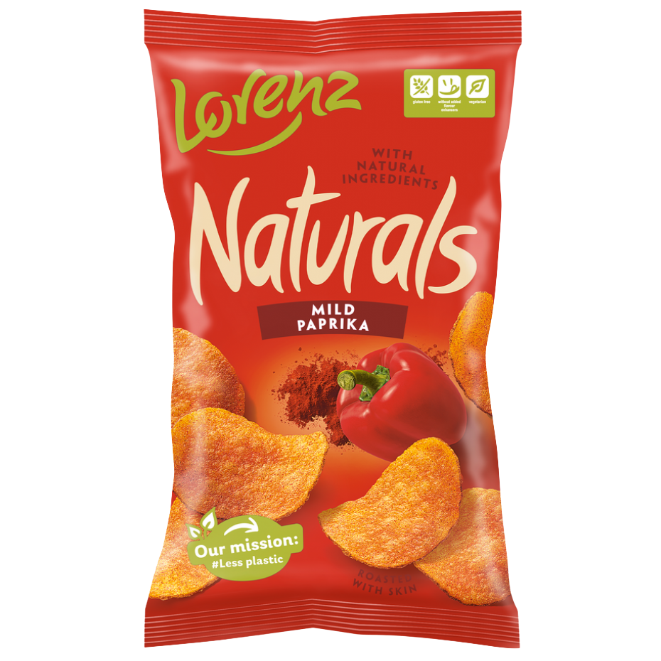 Lorenz Natural Mild Paprika snack, crunchy confectionery treat with mild paprika flavor in a colorful package.