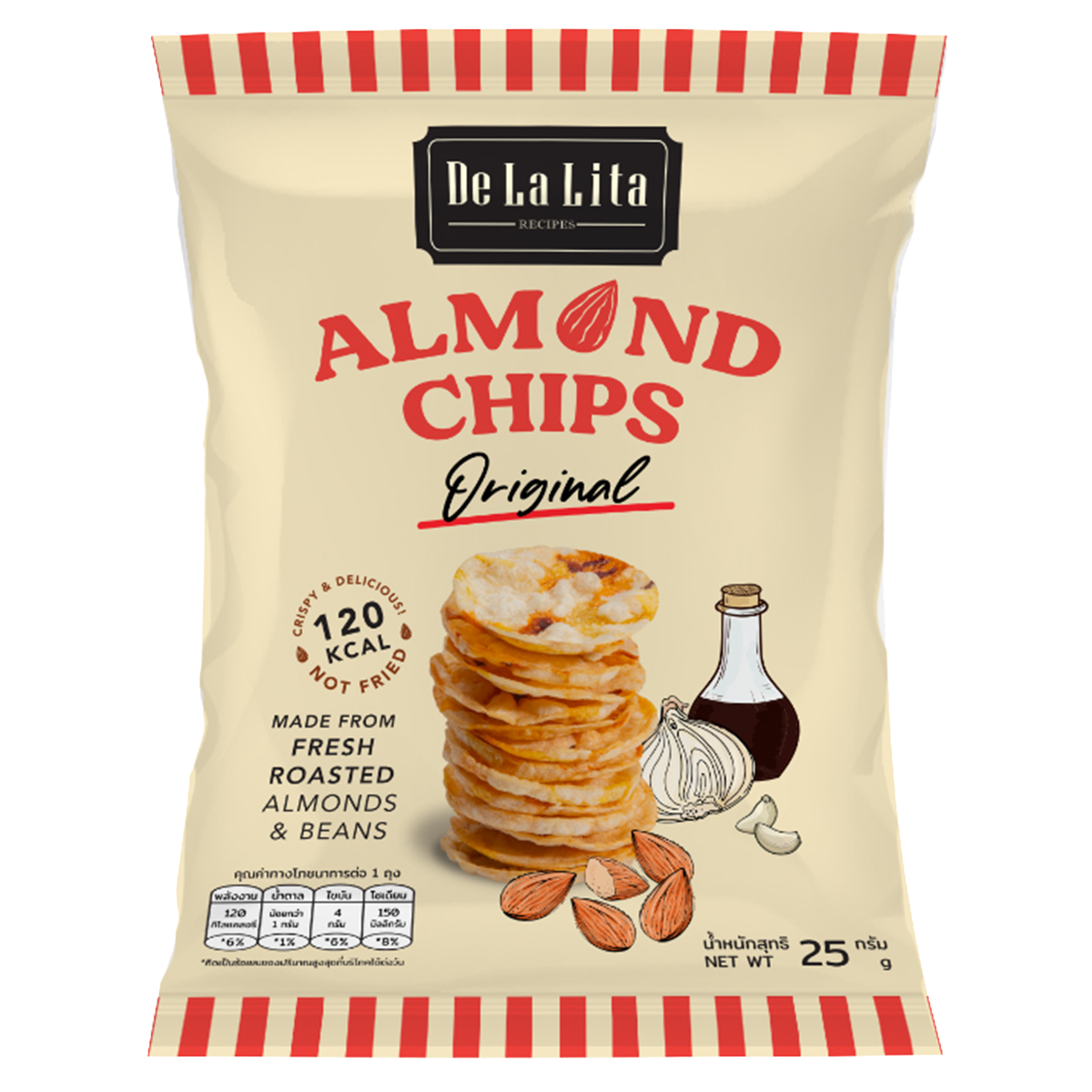 De La Lita Almond Chips Original, crunchy confectionery snack with roasted almonds in a bag.