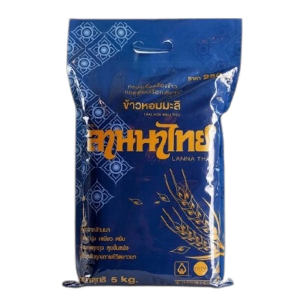 Lanna Thai Jasmine Rice Year 68, dry grocery product, showing a bag of high-quality Thai jasmine rice with traditional packaging.