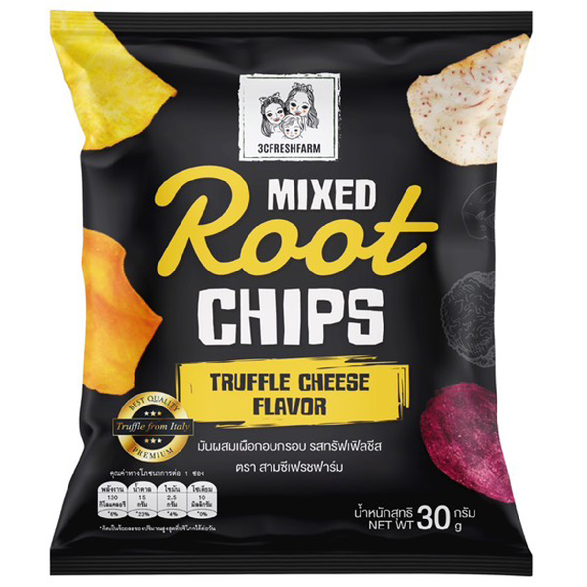 3c Freshfarm Mixed Root Chips with truffle and cheese flavor, crispy confectionery snack in a colorful package.