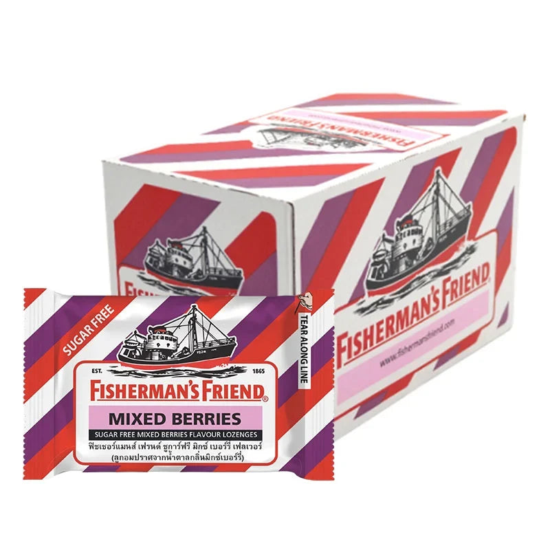 Fisherman's Friend Sugar-Free Mixed Berry Lozenges in a clear plastic bag, featuring colorful lozenge candies for dry grocery and snacks
