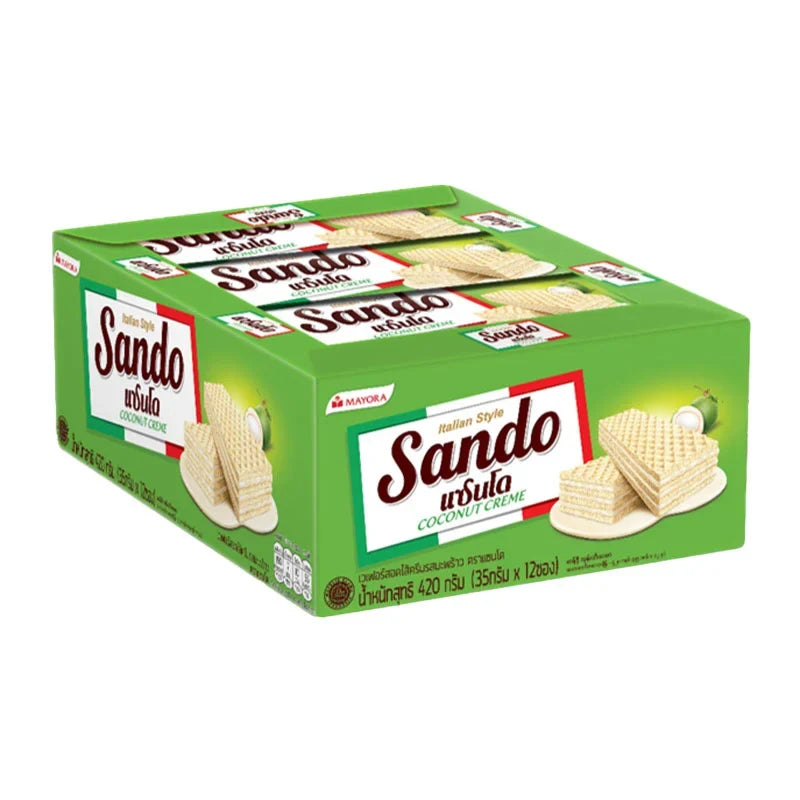 Wafello wafer cream coconut snack pack, 35g x12, dry grocery confectionery with creamy coconut filling and crispy wafer layers.