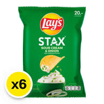 Lay's Stax Sour Cream & Onion potato chips in a 44g pack, stacked in a six-pack for snack enjoyment.