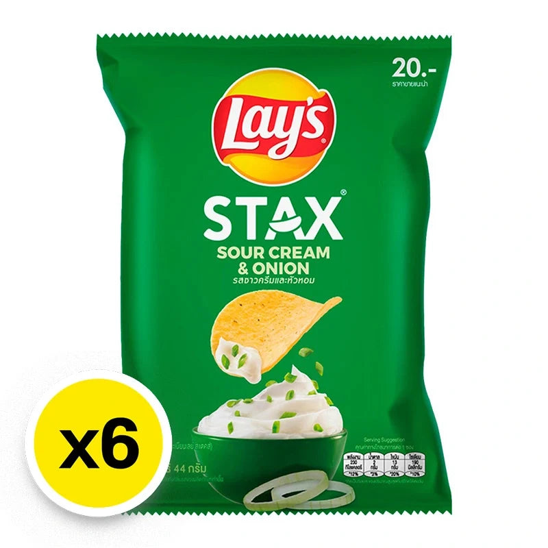 Lay's Stax Sour Cream & Onion potato chips in a 44g pack, stacked in a six-pack for snack enjoyment.