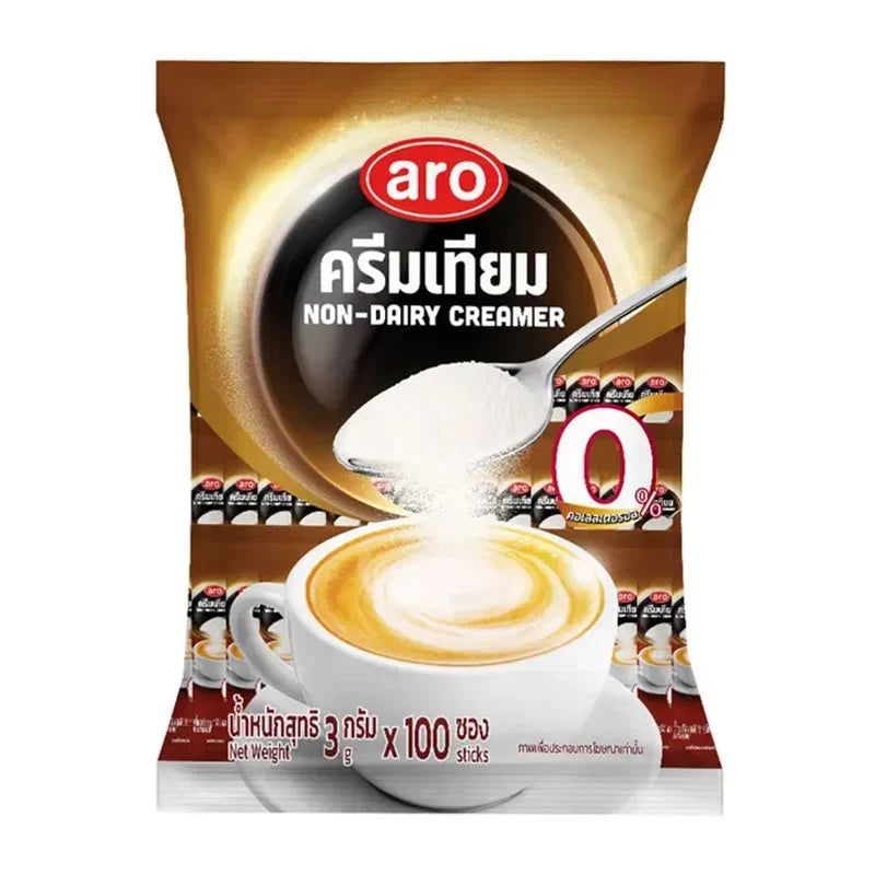 Container of ARO Non-Dairy Creamer 3g dry grocery powder with a label showing product details and branding.
