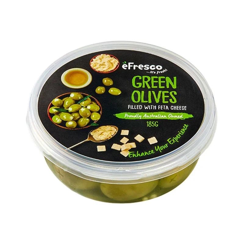 Makro Green Olives with Feta cheese in a 185g jar, showing olives mixed with crumbled feta cheese in a clear container.
