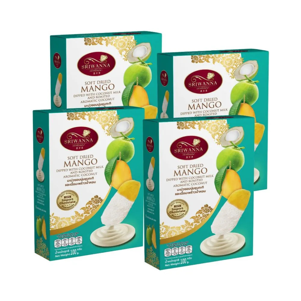Sriwanna soft baked mango coated with coconut milk, dry grocery product, close-up of the Sriwanna brand snack in a bowl