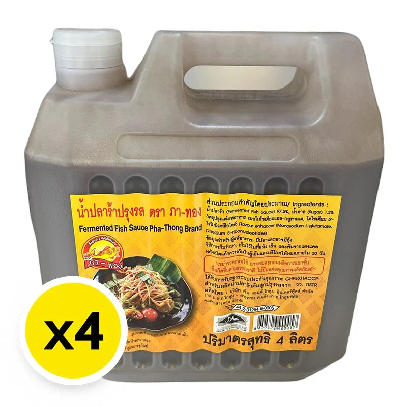 Pa-thong Patong fermented fish sauce bottles, 4L x 4, in clear plastic containers for dry grocery use.