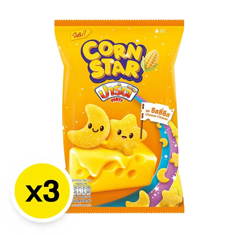 Party Corn Star Cheezy Cheese snack pack, 50g x3, dry grocery product with crunchy corn snack coated in cheesy flavor.