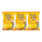 Party Corn Star Cheezy Cheese snack packs, 50g x3, featuring crispy corn snacks with cheesy flavor in colorful packaging.