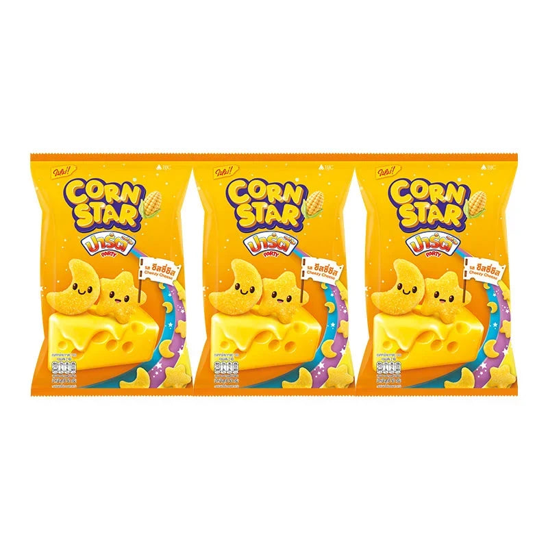 Party Corn Star Cheezy Cheese snack packs, 50g x3, featuring crispy corn snacks with cheesy flavor in colorful packaging.
