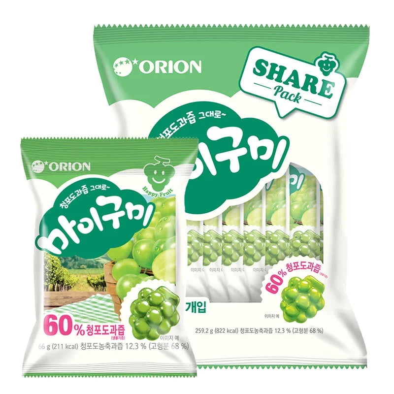 Orion My Gummy Green Grape Jelly in 259g jar, showing colorful gummy candies with green grape flavor in a clear container.