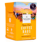 Taylors Flying Start Coffee Bags for brewing, featuring rich roasted coffee in a convenient drink bag format.